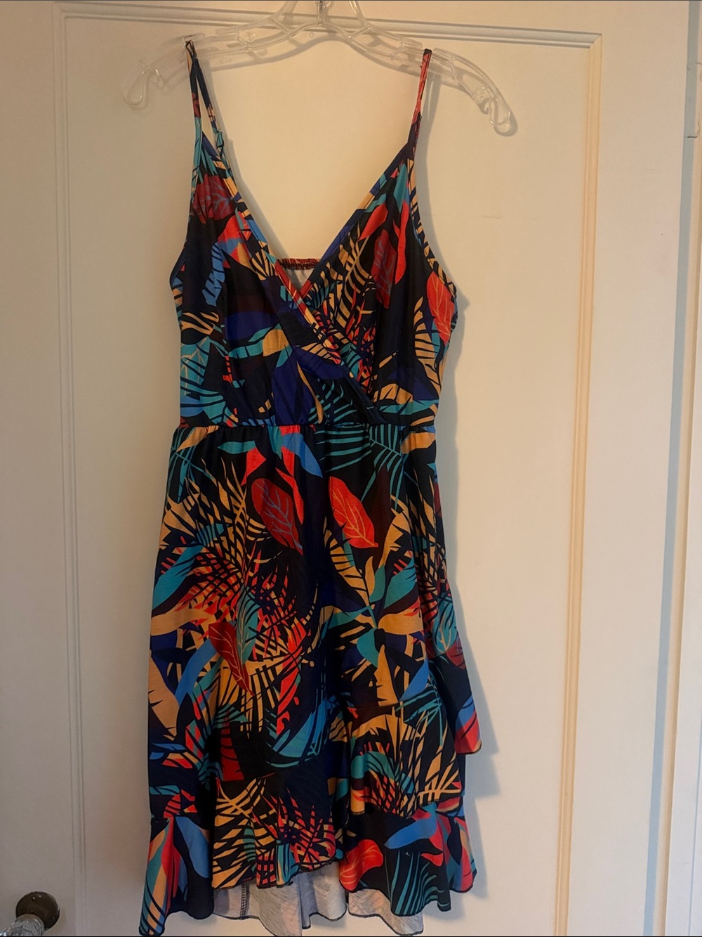 Tropical Print Spaghetti Strap Sundress - Navy with Teal & Coral